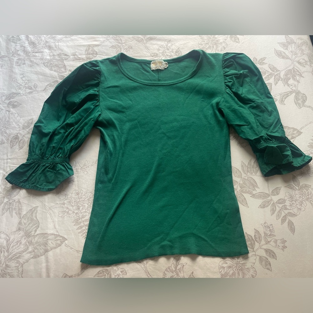 Nation LTD Bia Gathered Sleeve Blouse Small Forest Green Casual Minimalist Chic